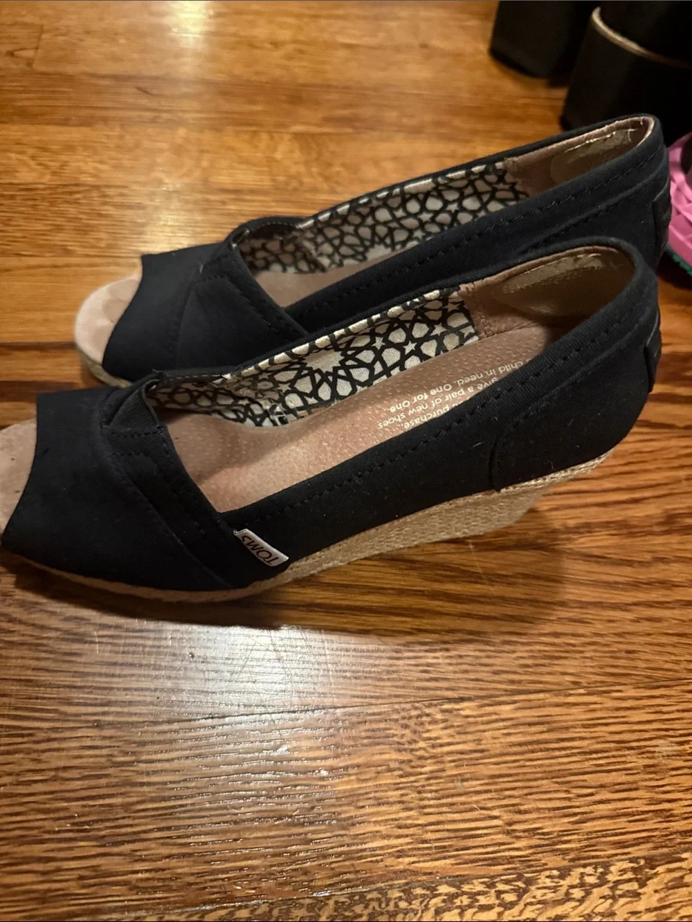TOMS Black Canvas Espadrille Wedge Peep-Toe